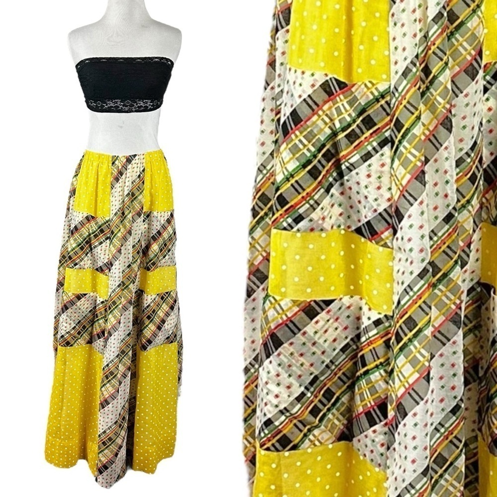 Vintage 70s Chessa Davis Bohemian Prairie Patchwork Maxi Skirt Small Medium